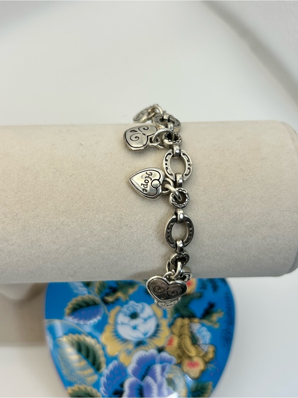 Brighton Vintage Think Pink Bracelet Silver Plated 8" Heart Charms